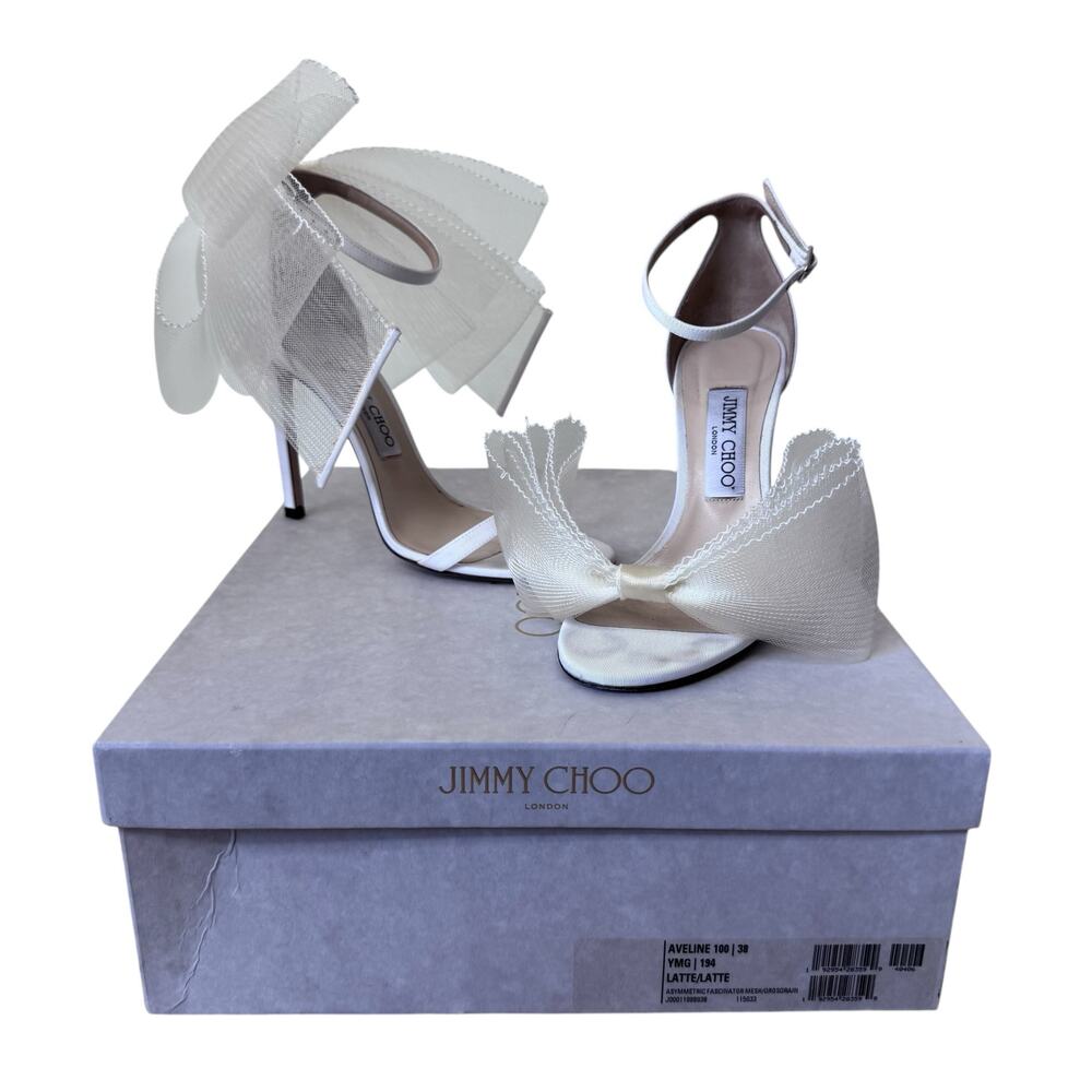 JIMMY CHOO  Aveline 100 Asymmetric Fascinator Mesh/ Grosgrain Latte High Heels